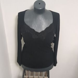 Torrid Sz 0 Super Soft Rib Sweetheart Lace Trim Top Black Long Sleeve New W Tags